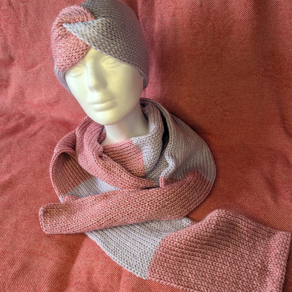 Elegant Pink and Gray Knit Scarf and Headband Set
